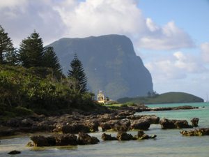 Mt Gower from Old Settlement beach. Island Trader just visible